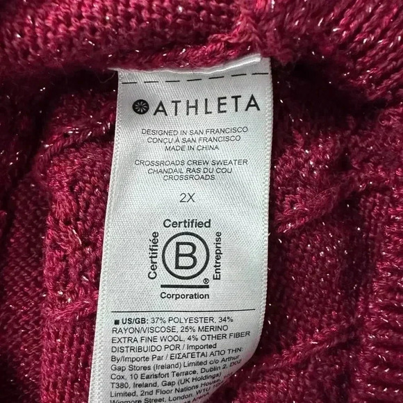 Athleta Crossroads Metallic Holiday Sweater Cable Knit Crew Wool | Red | SZ 2X - Picture 12 of 13